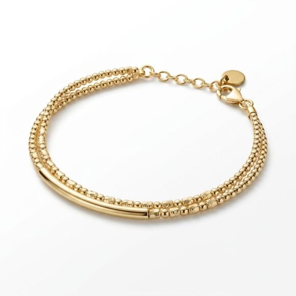 Bracelet double en perles et tube lisse en Argent doré - Romane
