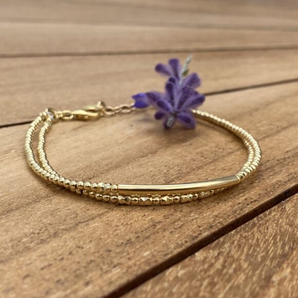 Bracelet double en perles et tube lisse en Argent doré - Romane – Image 3