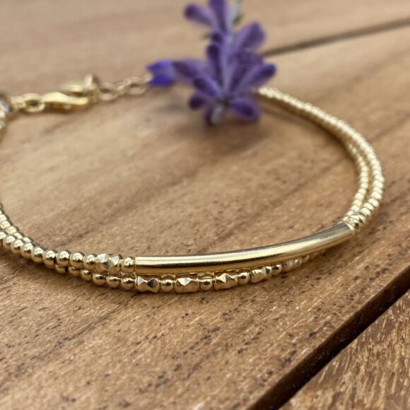 Bracelet double en perles et tube lisse en Argent doré - Romane – Image 4