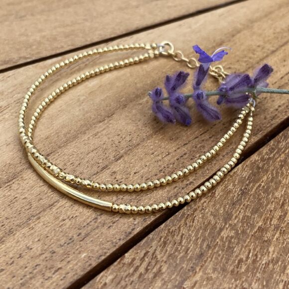 Bracelet double en perles et tube lisse en Argent doré - Romane