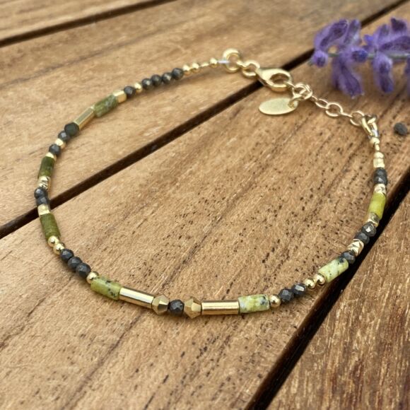 Bracelet en Argent doré et pierres Jade et Pyrite - Olive