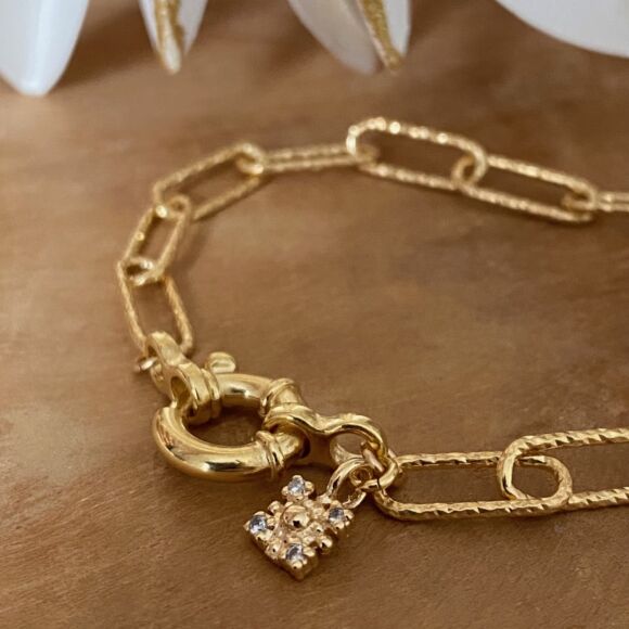 Bracelet maille rectangulaire diamantée XL en Argent doré-Ginette