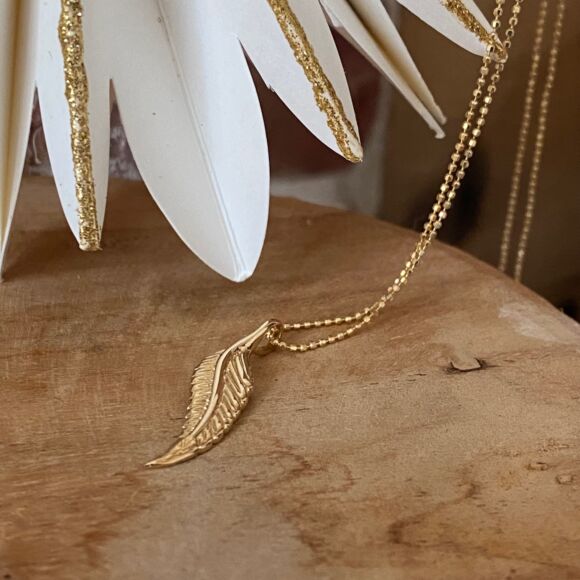 Collier long en Argent doré pendentif plume-Paloma