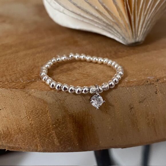 Bague élastique avec zircon serti griffes en Argent 925