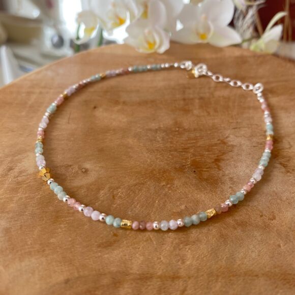 Bracelet de cheville en Amazonite, rhodochrosite et pierre de Lune-Pastel