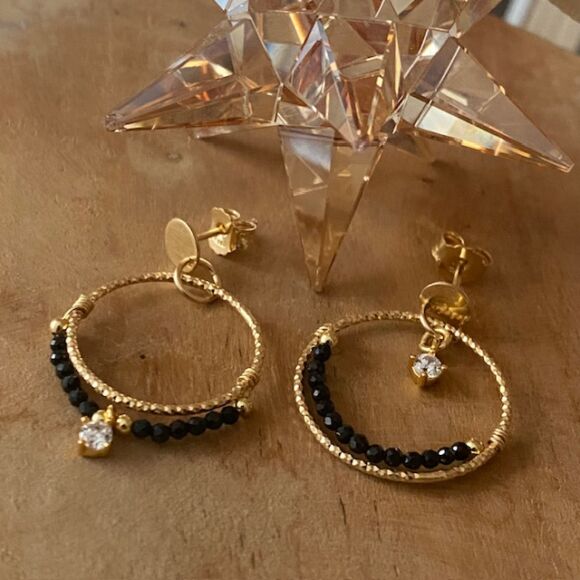 Boucles d'oreilles en Argent doré et tourmaline noir- Thalie