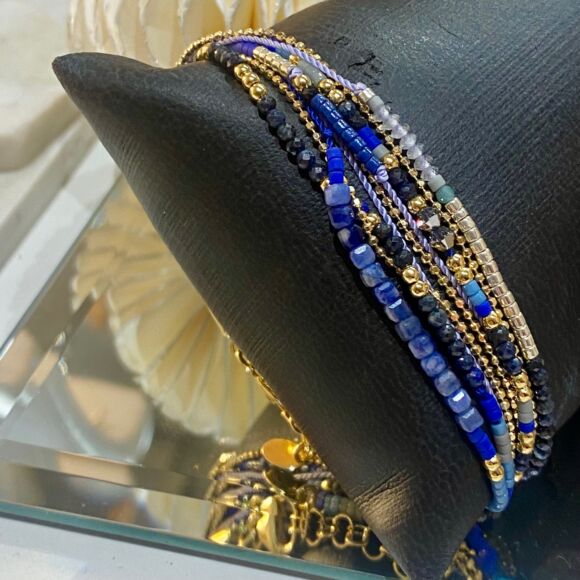 Bracelet triple tour bleu intense et Argent doré- Pervenche