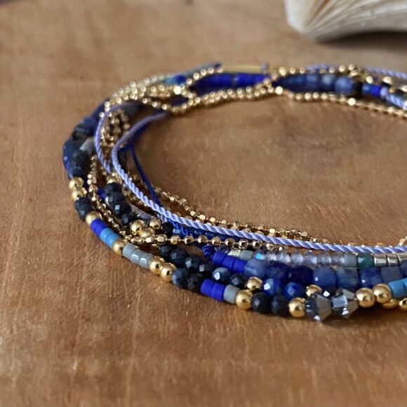 Bracelet triple tour bleu intense et Argent doré- Pervenche – Image 3