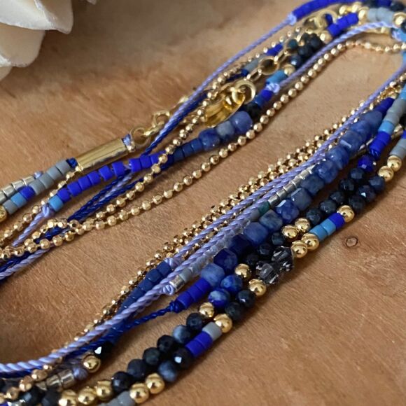 Bracelet triple tour bleu intense et Argent doré- Pervenche – Image 7