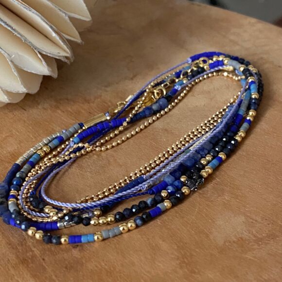 Bracelet triple tour bleu intense et Argent doré- Pervenche – Image 8