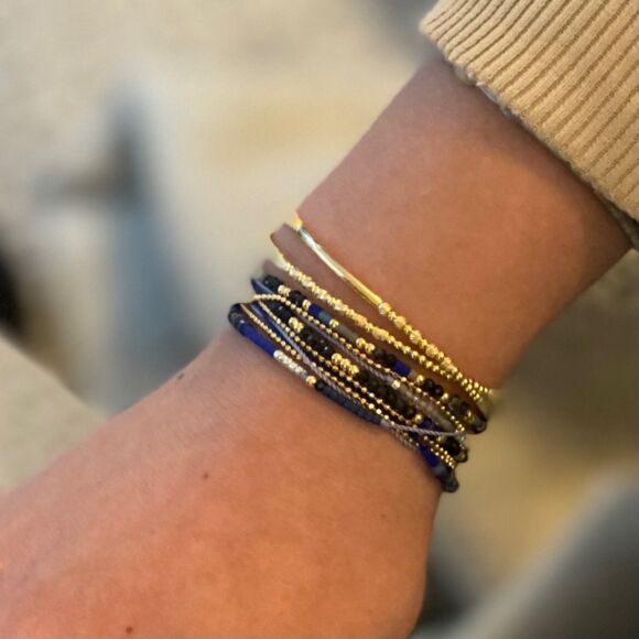 Bracelet triple tour bleu intense et Argent doré- Pervenche – Image 2
