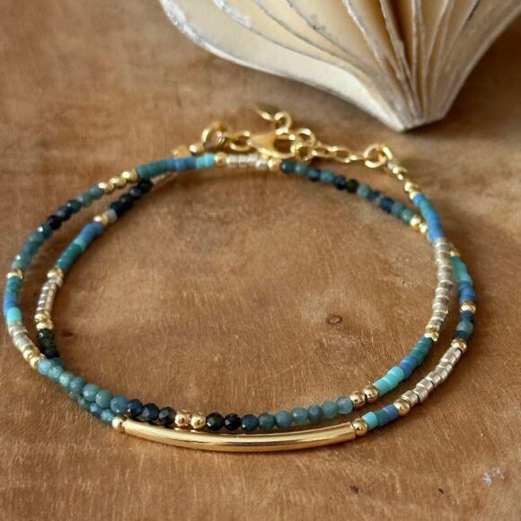 Bracelet double-tour en pierres semi précieuses et Argent 925 doré-Zohra – Image 3