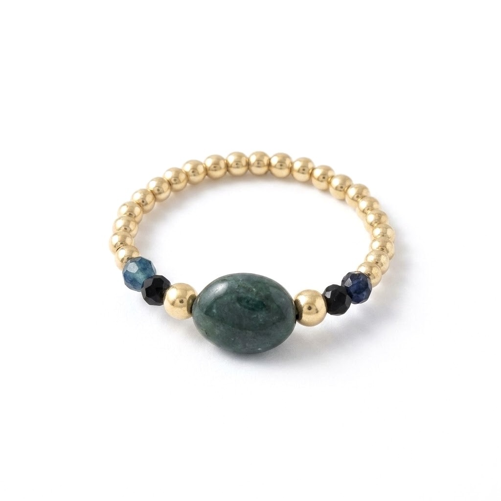 Bague en agate indienne verte et Argent plaqué or-Smarties