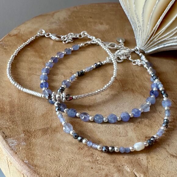 Bracelet tanzanite, terahertz & perle en Argent ou Argent doré-Léna