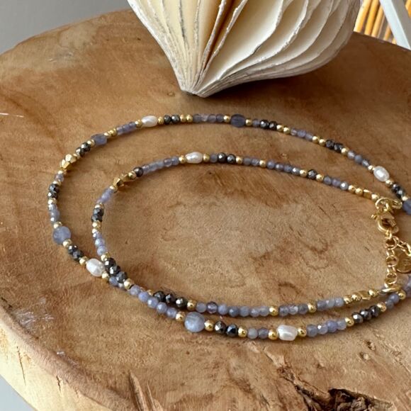 Collier en tanzanite, perles, terahertz en Argent doré - Léna