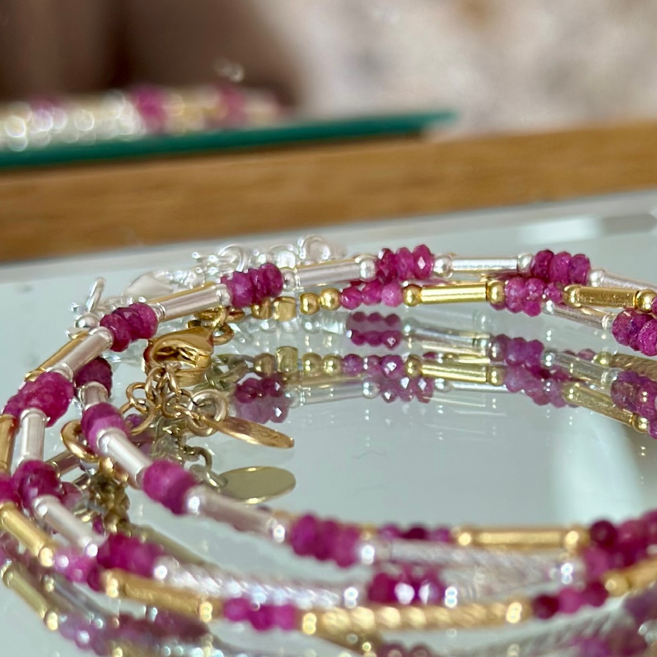 Bracelet double rang rubis- Argent ou Argent doré- Ruby – Image 3