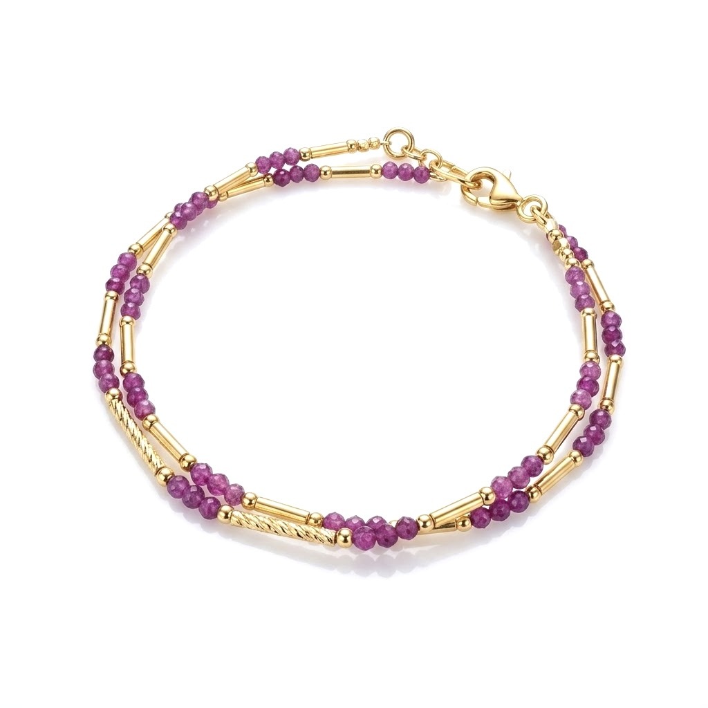 Bracelet double rang rubis- Argent ou Argent doré- Ruby